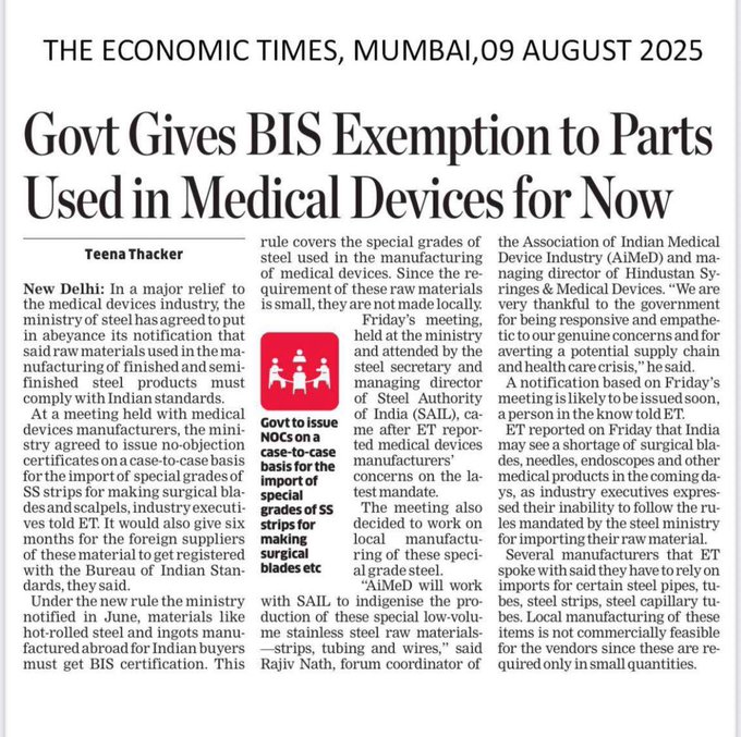 Govt gives BIS exemption to parts used in medical devices for now